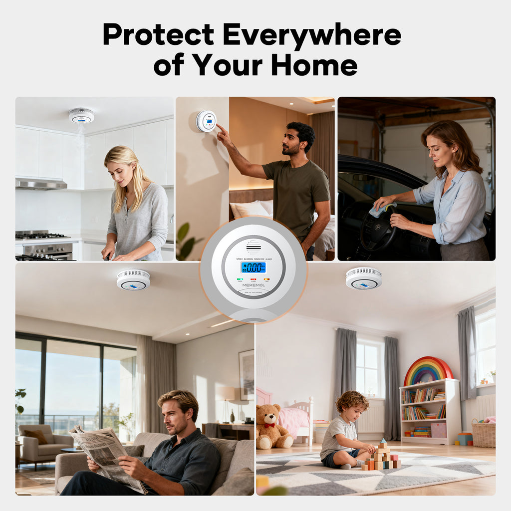 Carbon Monoxide Detectors, Battery Powered 2 in 1 Smoke & CO Alarm with LCD Digital Display, Smoke Carbon Monoxide Detector Combo, 85 dB Fire Alarm for Home Kitchen Office Travel Hotel - 2 pack-White